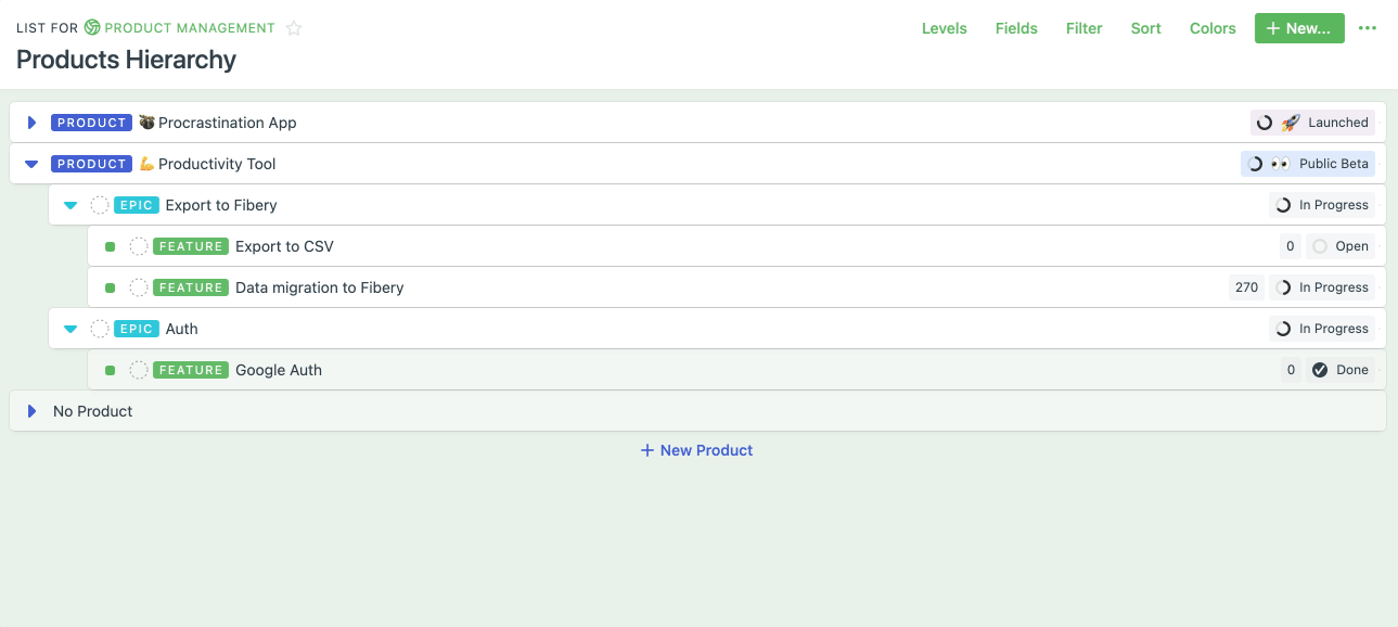 Adding an Epic and several Features in Fibery.