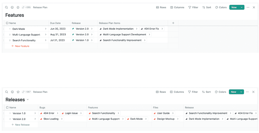 Two different breakdowns of a relase plan in Fibery