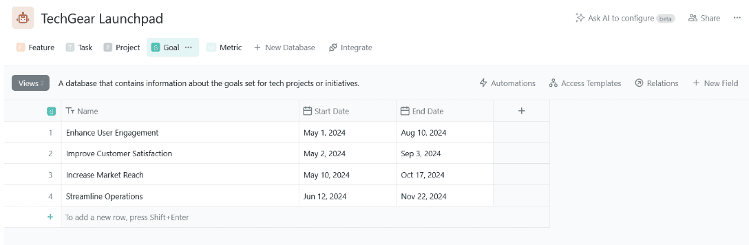 A separate goal database in Fibery