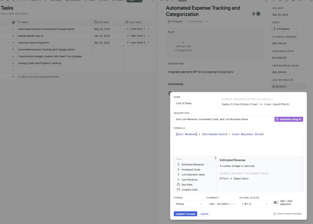 The Cost of Delay formula calculated in Fibery