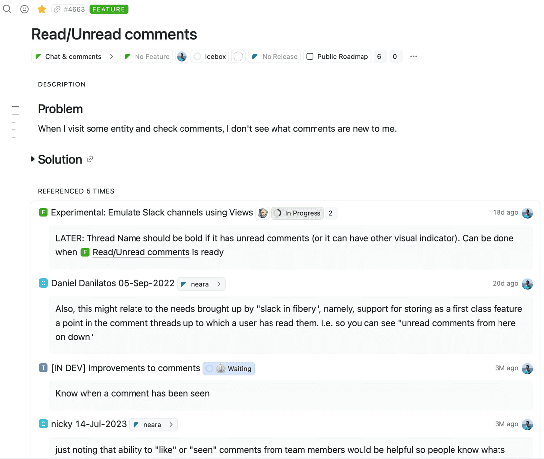 Feedback connected to features, how it looks