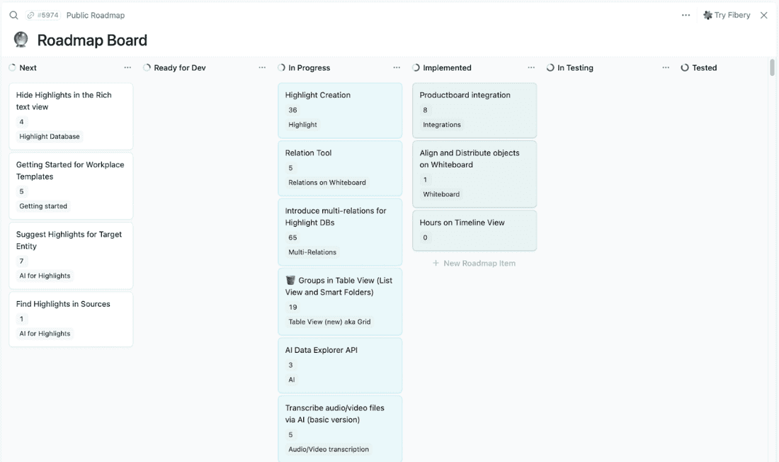 Our very own product roadmap board at Fibery