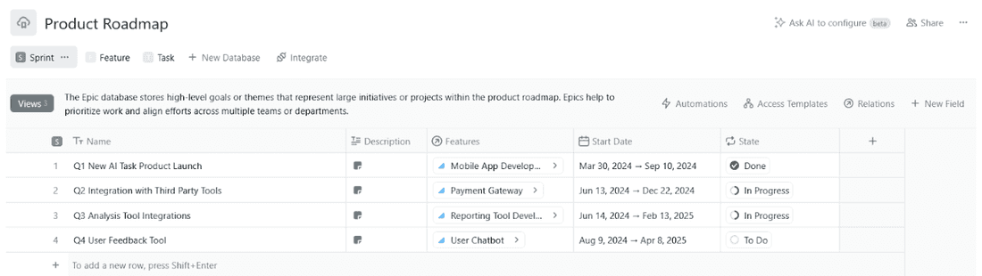A product roadmap's under the hood view in Fibery