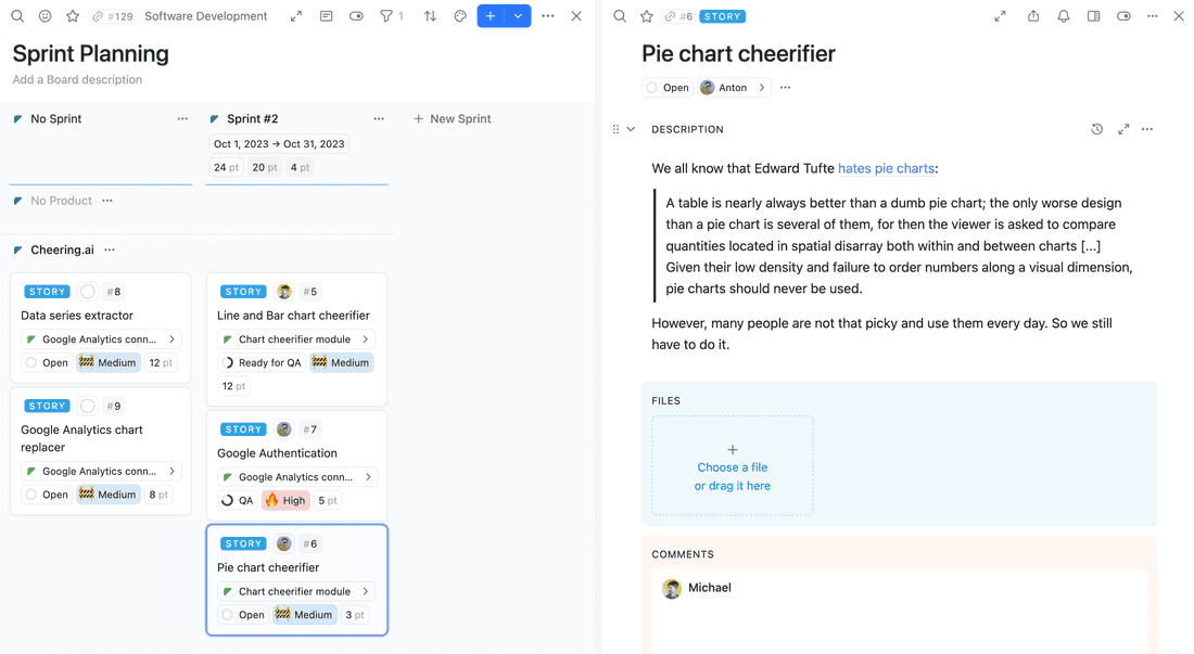 Sprint planning board in Fibery