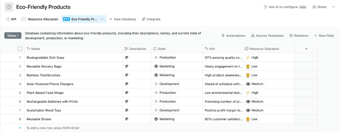 Sample inventory list in Fibery
