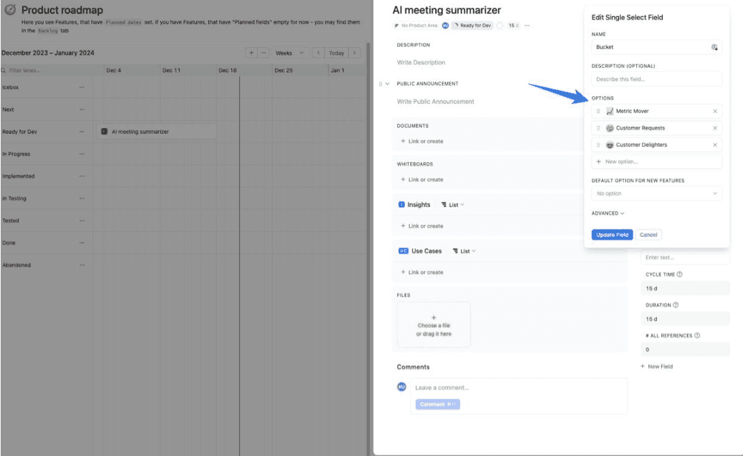 Feature buckets implemented in Fibery