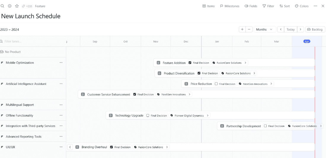 Timeline view in Fibery