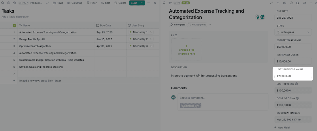 Lost business value tracked in Fibery