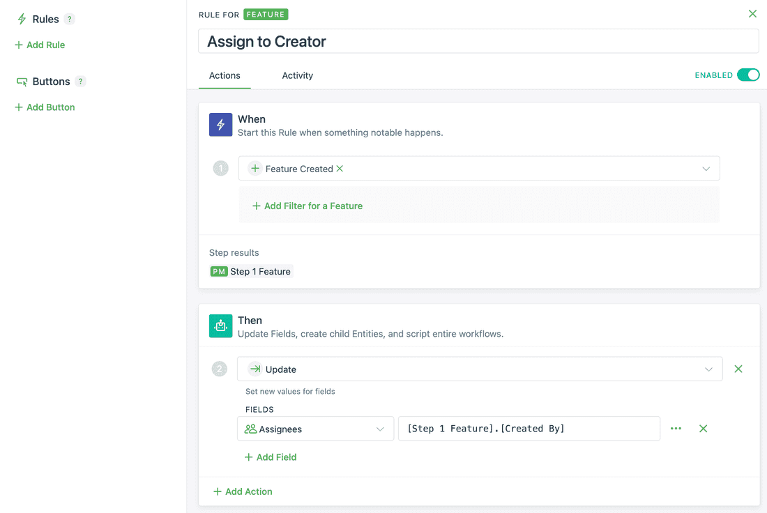 Rule setup in Fibery is easy as well.