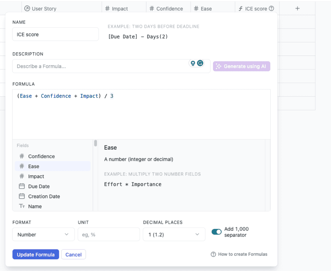 Putting together the ICE score's formula in Fibery