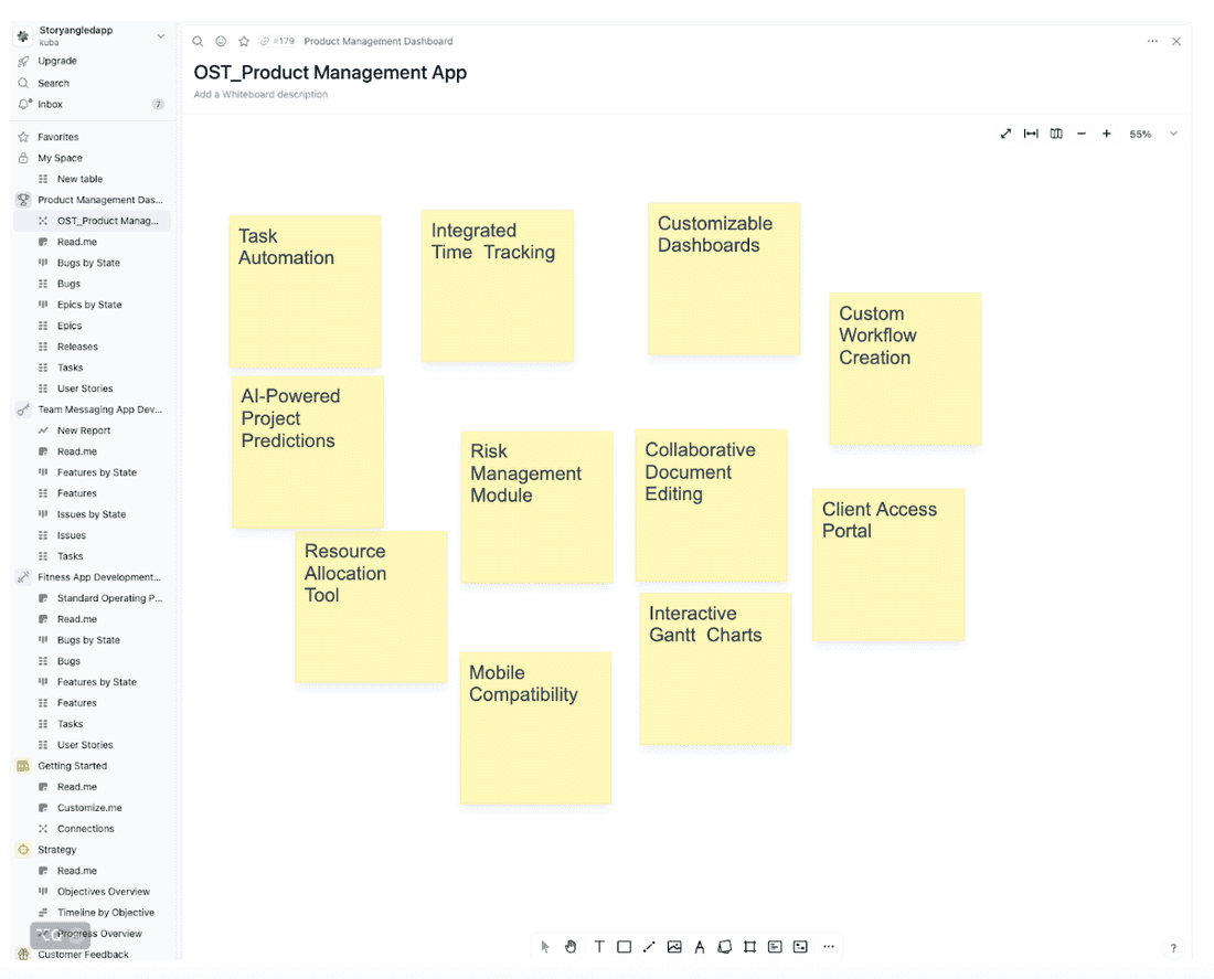 Raw ideas on a Fibery whiteboard
