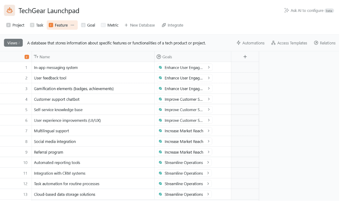 Feature database in Fibery, linked with Goals