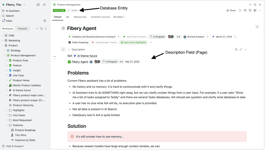 Database first, Document second in Fibery