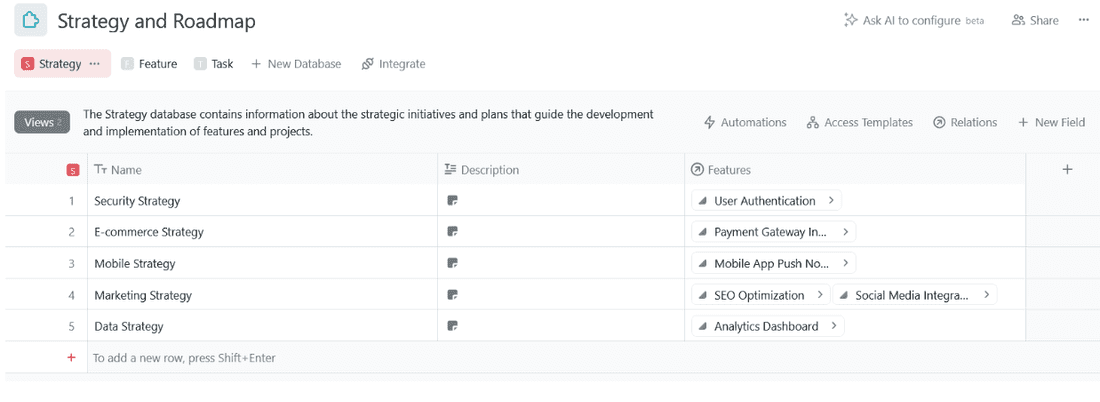 Strategy roadmap database set up in Fibery