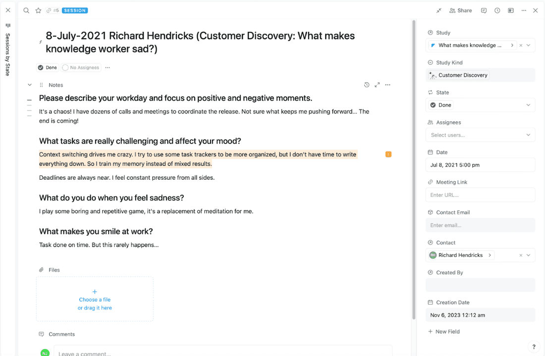 An example of a in-depth session page in Fibery