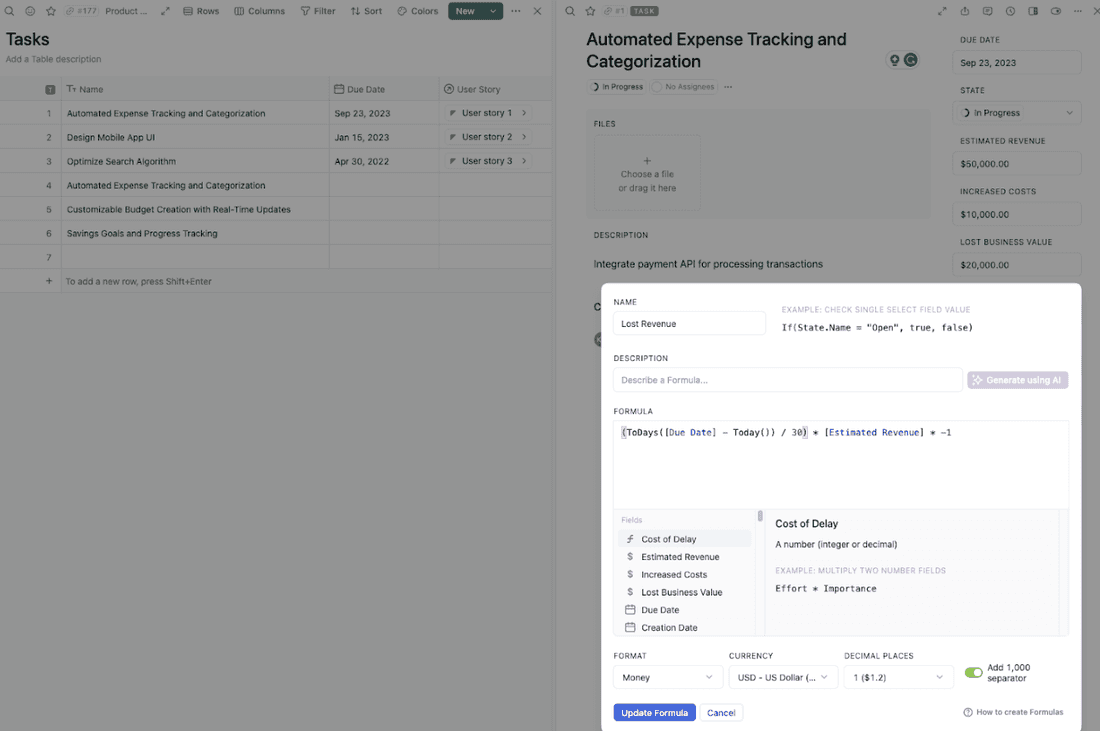 Calculating lost revenue in Fibery