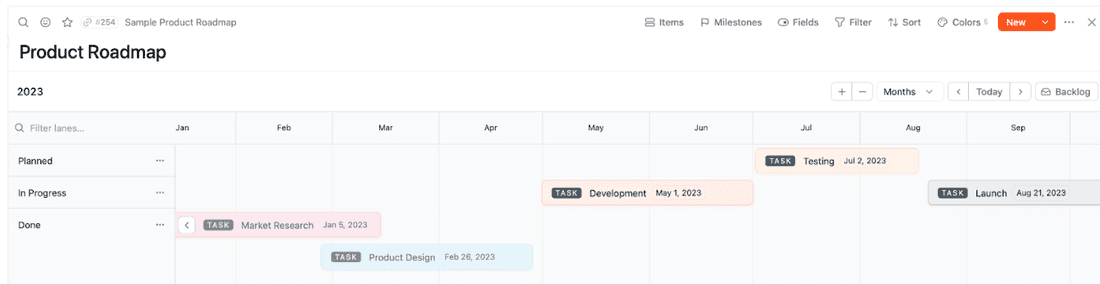 A product roadmap example in Fibery