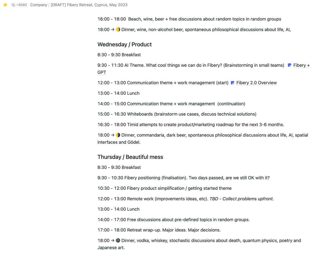 Fibery retreat agenda for the last two days.