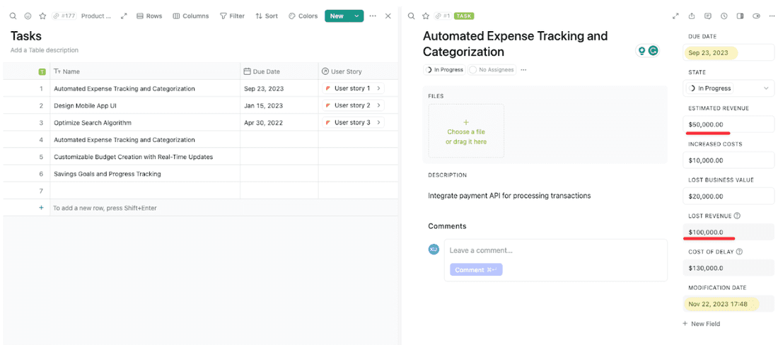Highlighting the fields necessary for calculating Cost of Delay in Fibery