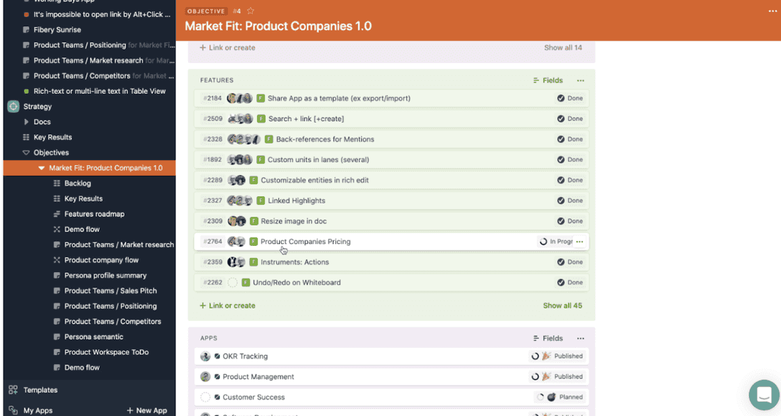 Features sorted by market fit in Fibery
