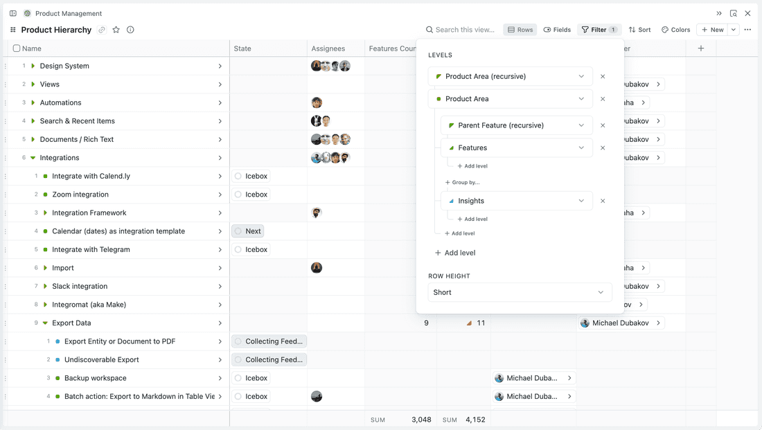 Deep hierarchy visualization in Table View in Fibery