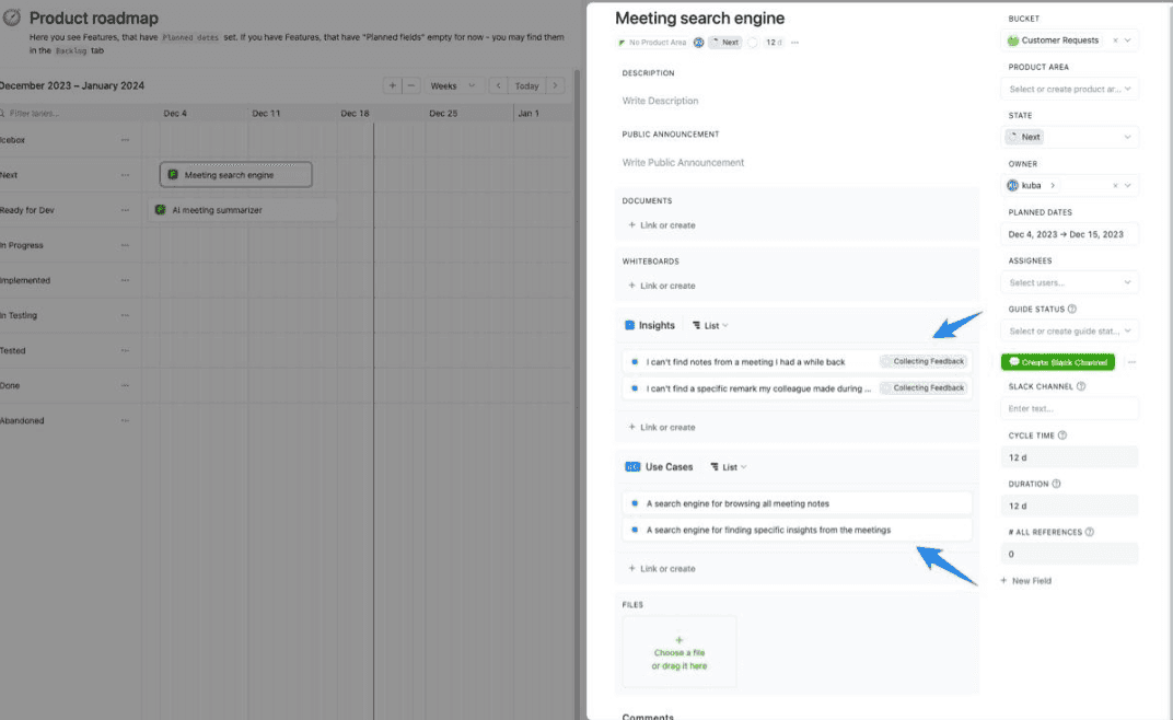 The customer request bucket in Fibery