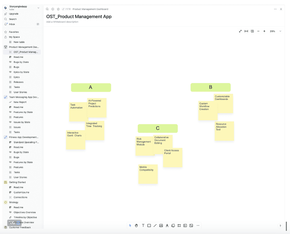Raw ideas categorized in Fibery