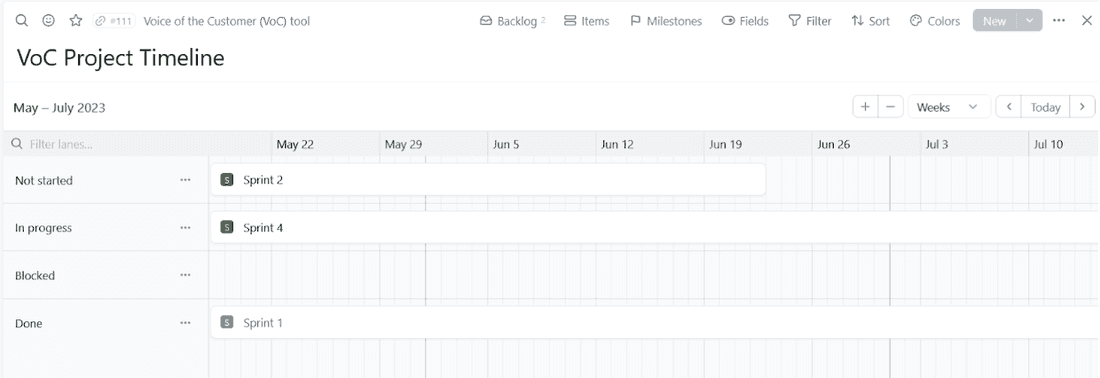 Project timeline view in Fibery