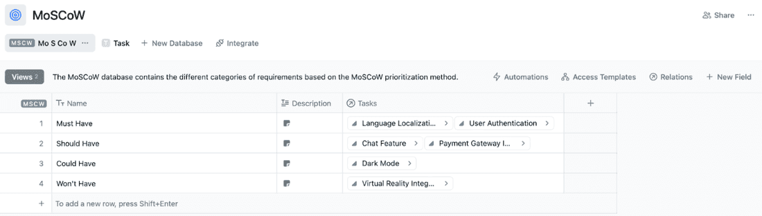 MoSCoW-based database with roadmap tasks linked to them in Fibery