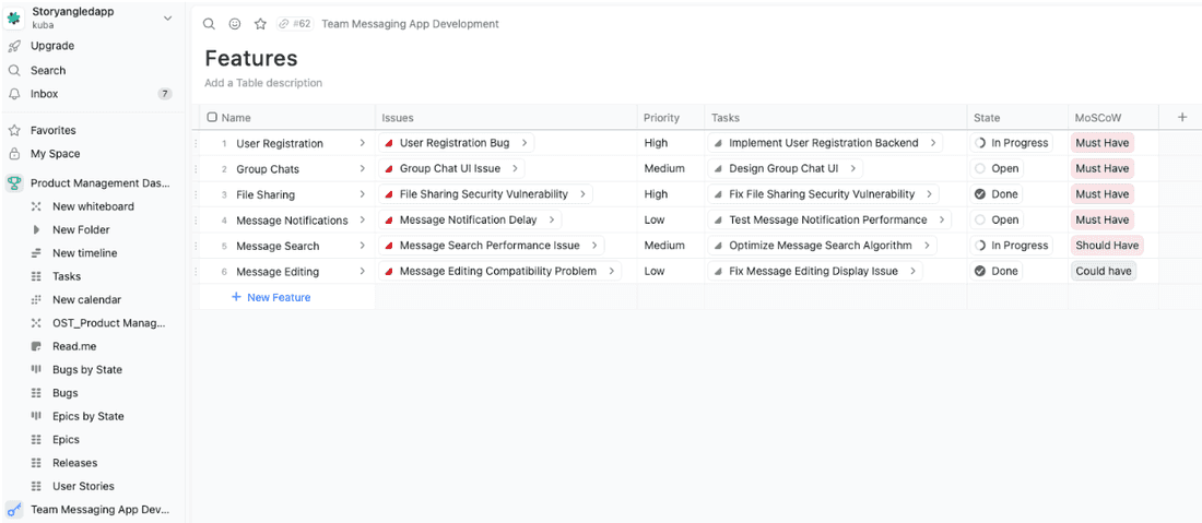 Get that sweet table view of all your features in Fibery