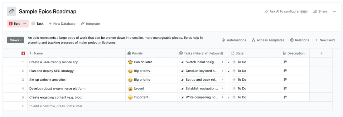 Epic roadmap under the hood in Fibery