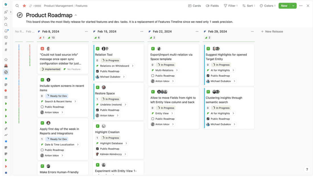 A detailed product roadmap in Fibery