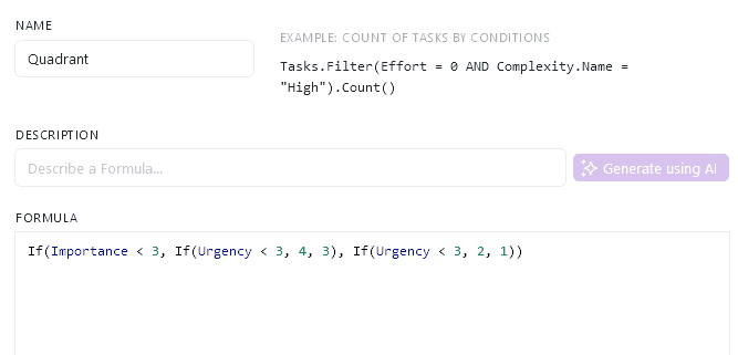 Setting up the 2x2 matrix in Fibery for prioritization using formulas