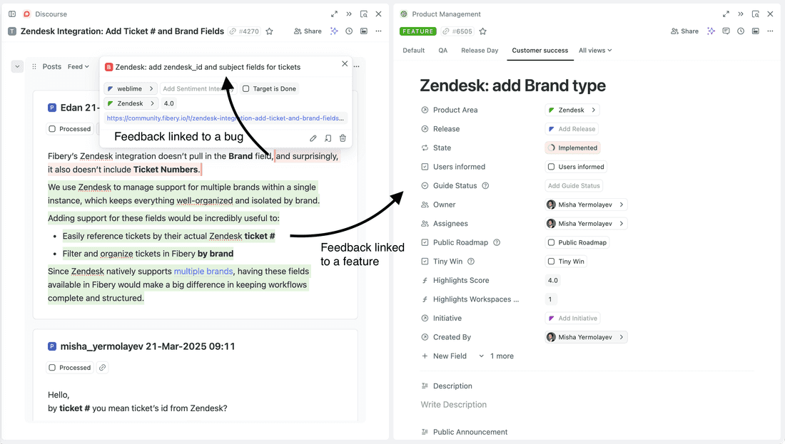 Select some text in feedback entity and link the feedback to a feature or a bug