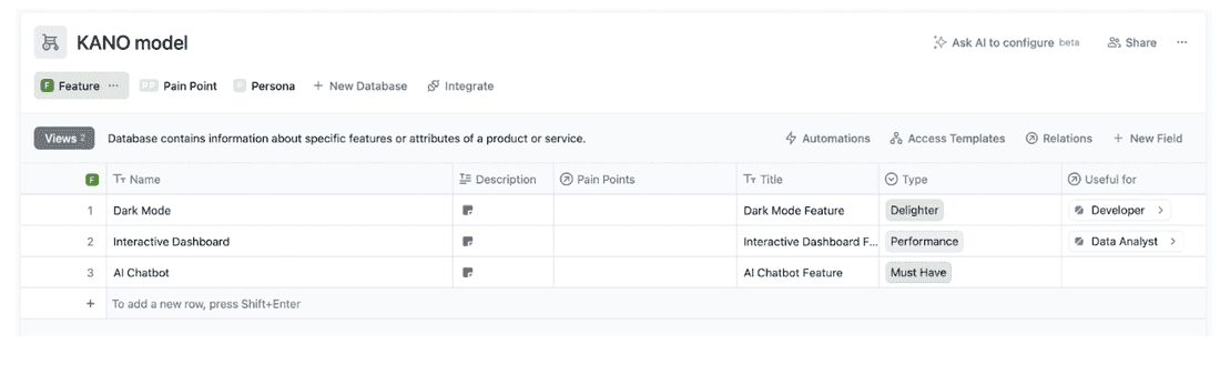 KANO model example created in Fibery