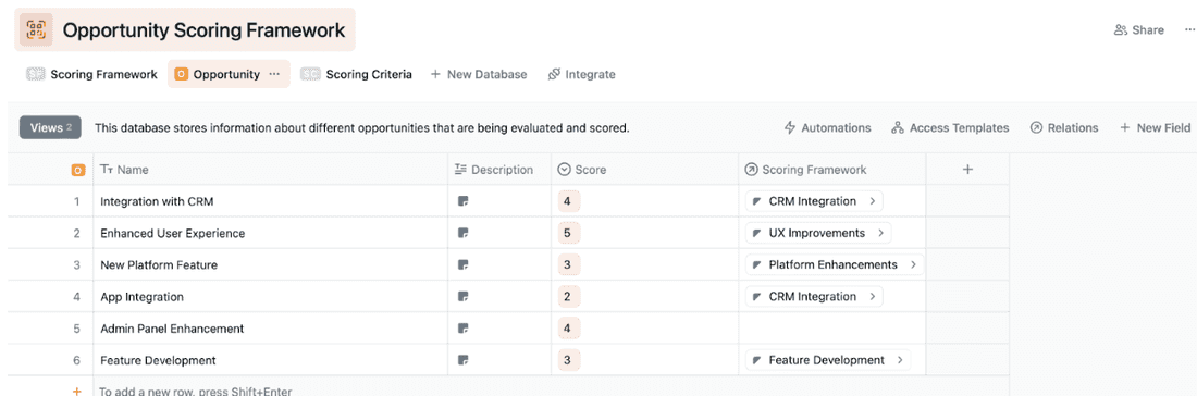 Opportunity Scoring set up in Fibery