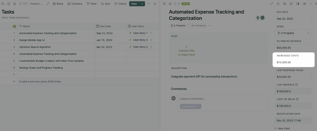 Logging increased costs in Fibery