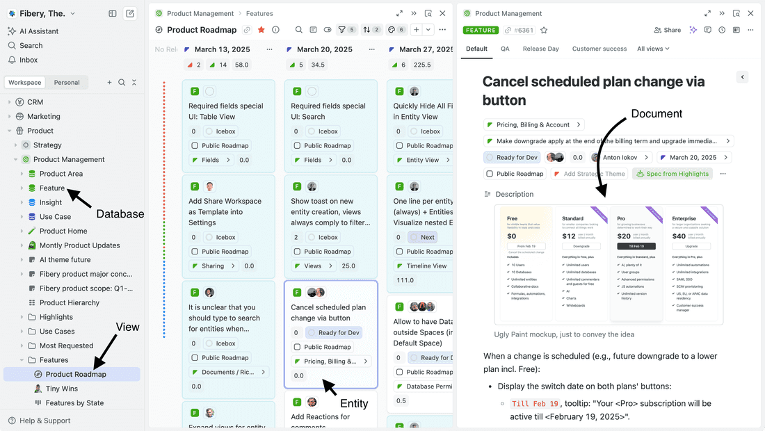 Fibery structure is different. Databases, Documents and Relations