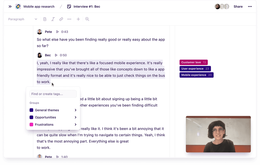 Interview transcript in Dovetail