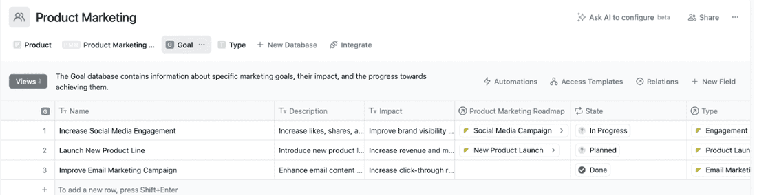 A simple product roadmap database set up in Fibery