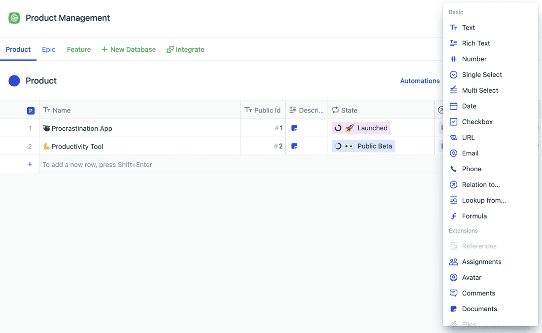 Fibery has many fields, but some are missing.