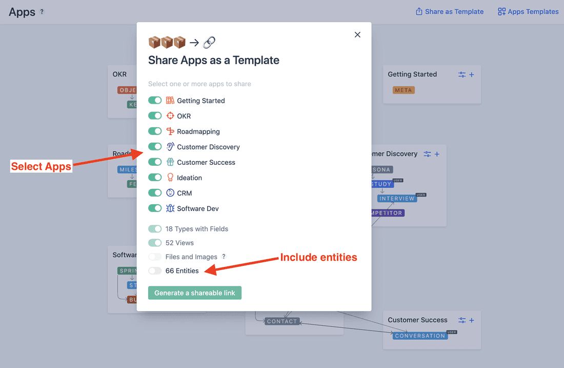 Share all or several connected Apps in Fibery