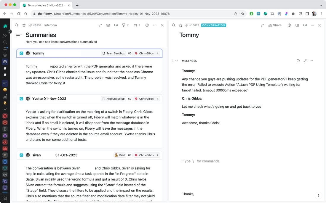 Intercom conversations summarization in Fibery