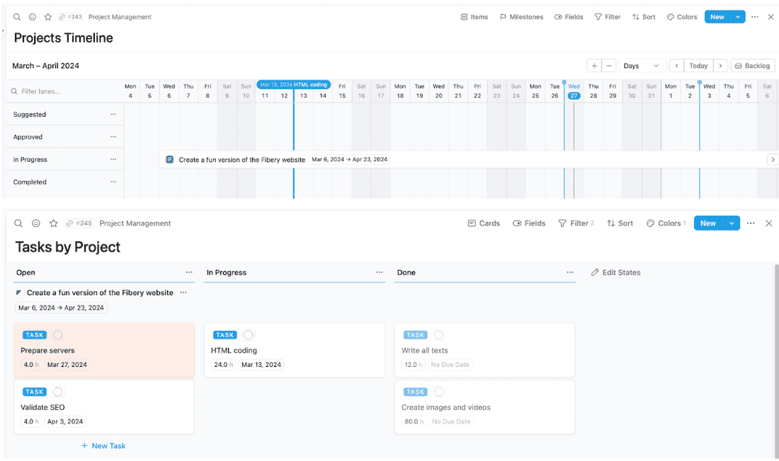 A project roadmap example in Fibery